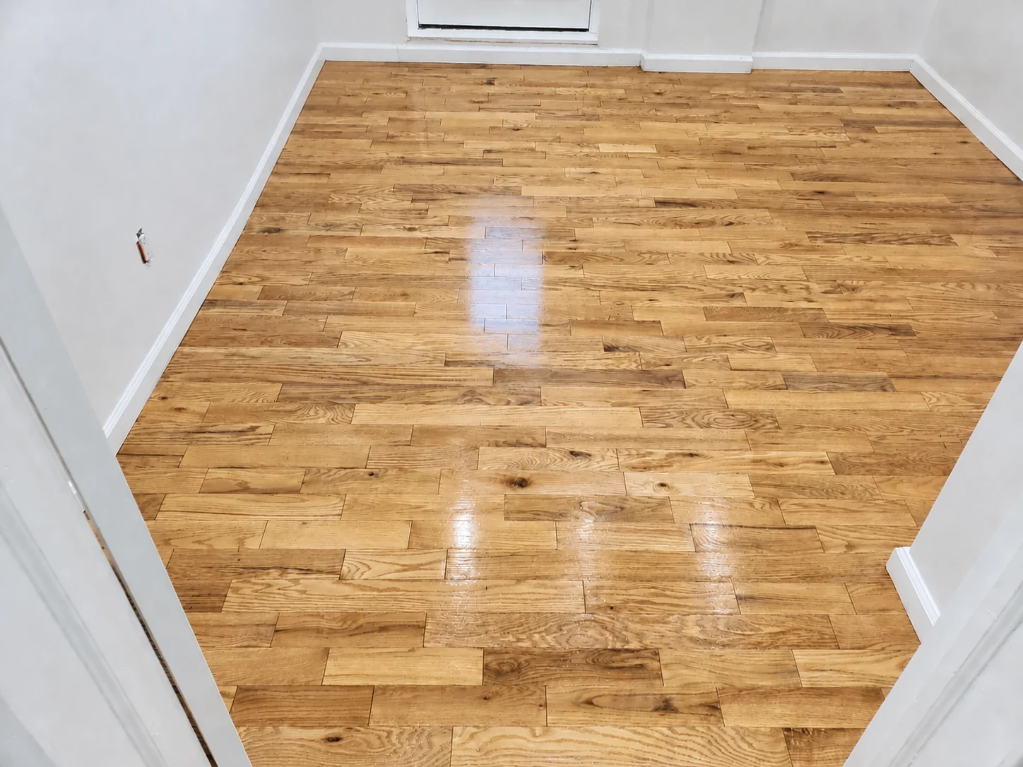 Finished room with polished hardwood flooring and crisp white walls